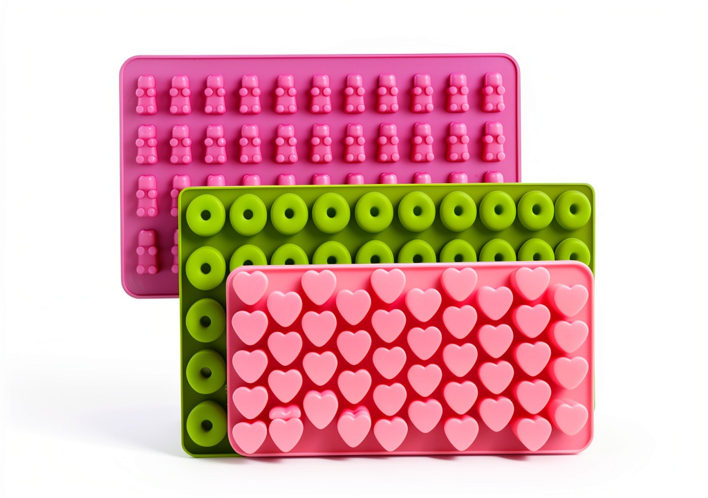 Installing WARM TIME Silicone Gummy Molds BPA Free 4 Pack Shapes on a kitchen counter