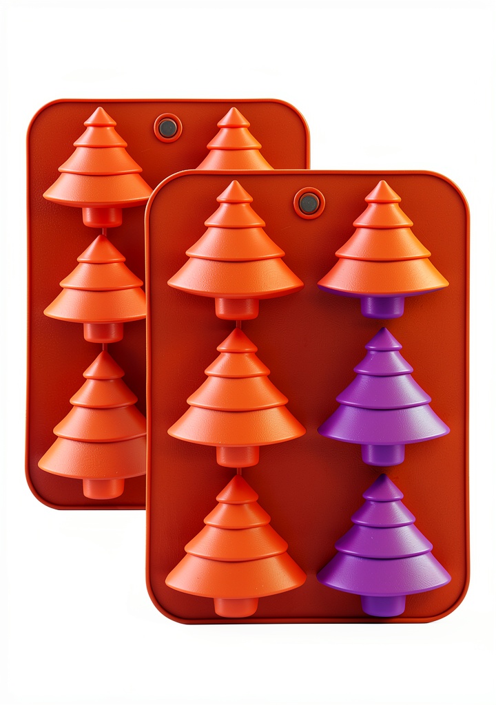 Unboxing Accfore silicone Christmas tree mold on a kitchen counter with colorful molds laid out