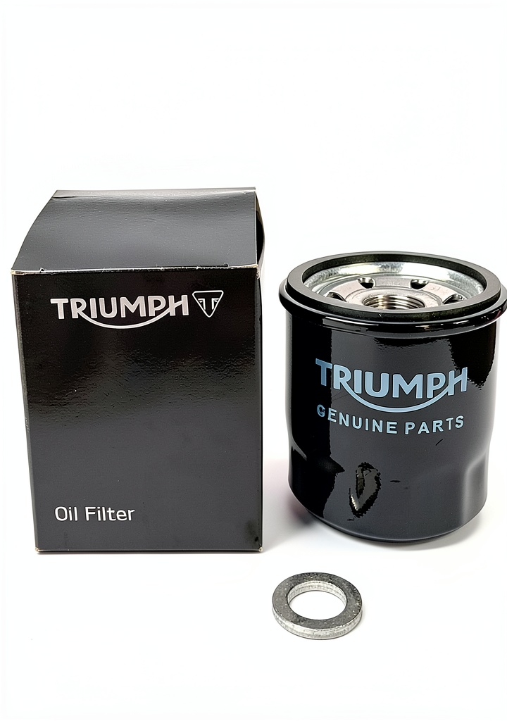 Triumph oil filter installed on a motorcycle engine