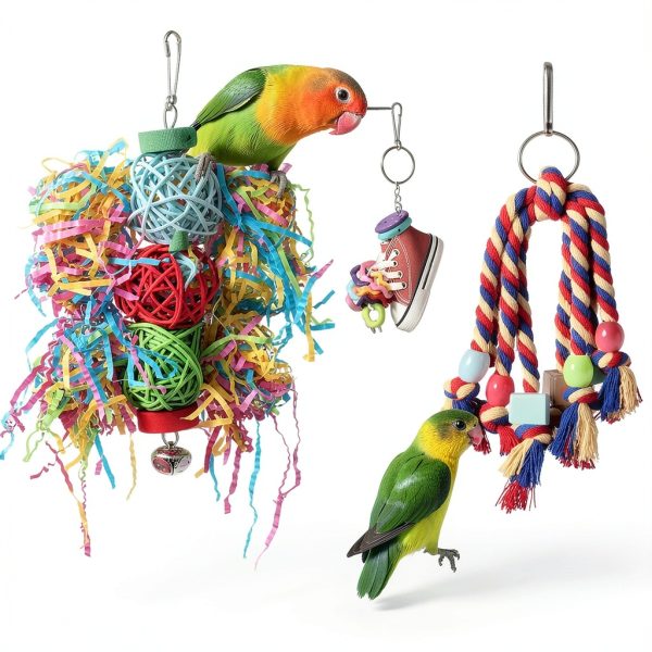 Bird Toys ESRISE Chewing Toy with Rope Perch – Natural Loofah-1