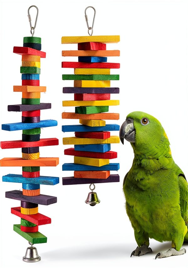 MEWTOGO 2Pcs Bird Toys - Parrot Toys with Multicolored Natural Wooden Blocks, Bird Chewing Sticks Toys for Conures Parakeets Cockatiels Lovebirds African Grey Macaws Amazon Parrots Gift-0
