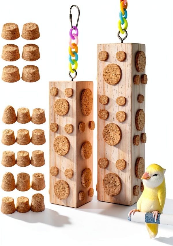 2 Pcs Wooden Bird Chew Toys - 7.9 Inch Hanging Parrot Toys, with 92 Detachable Corks, Relieve Boredom & Anxiety, Foraging Toys, for Parakeet, Cockatiel, Conure, Budgie, Lovebird-0