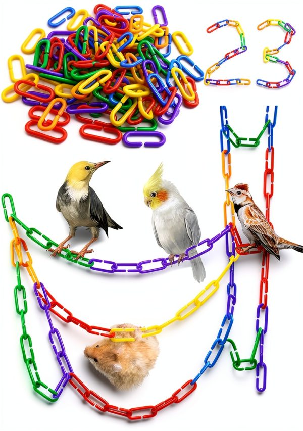 JIALEEY 100PCS Plastic Chain Links, Children's Learning Toy, Mix Color Rainbow DIY C-Clips Chains Hooks Swing Climbing Cage Toys for Bird Sugar Glider Rat Parrot-0