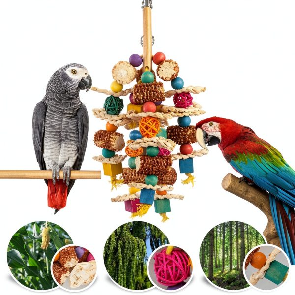 lovyoCoCo Parrot Toys Bird Toys Natural Corn Cob Bird chew Toys for Small and Medium-Sized Macaws,African Grey,Cockatoos,Amazon Parrots,Parakeet,Cockatiel,Sun Conure, Lovebird with Wooden Blocks-3
