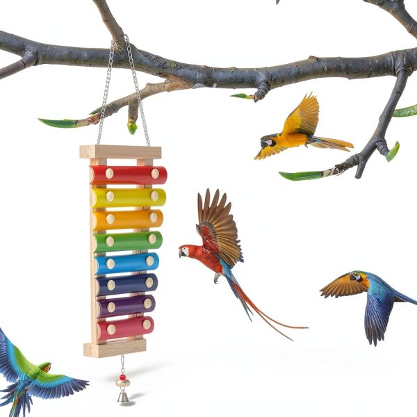 Large Parrot Suspensible Xylophone Toy, Multicolored Natural Wooden Bird Chewing Toys with Grinding Stone for Large, Medium Birds, Macaws, African Grey, Cockatoos, Amazon-2