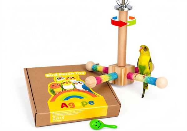 Agape Bird Toy, Parrot 360° Interactive Rotating Perch, Bird Cage Accessories for Small and Medium Parrots to Expend Energy, Wooden Stand for Parakeets Cockatiels Lovebirds Conures Finches Budgies-0