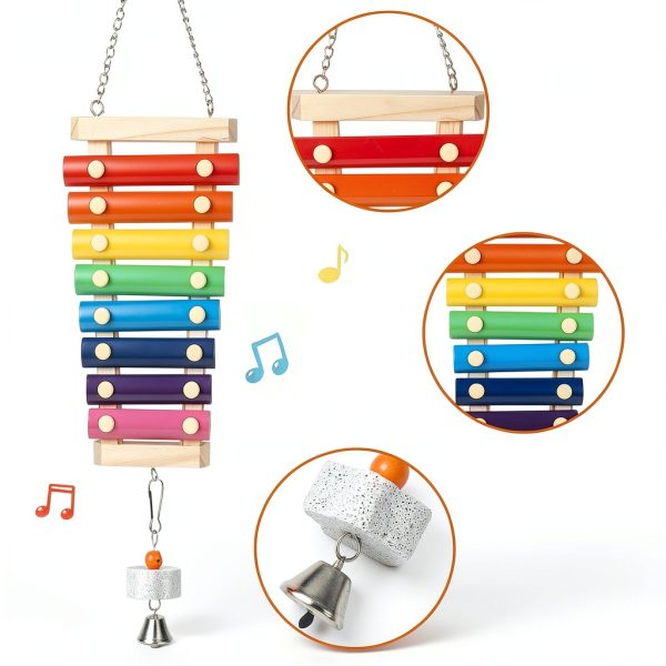 Large Parrot Suspensible Xylophone Toy, Multicolored Natural Wooden Bird Chewing Toys with Grinding Stone for Large, Medium Birds, Macaws, African Grey, Cockatoos, Amazon-5