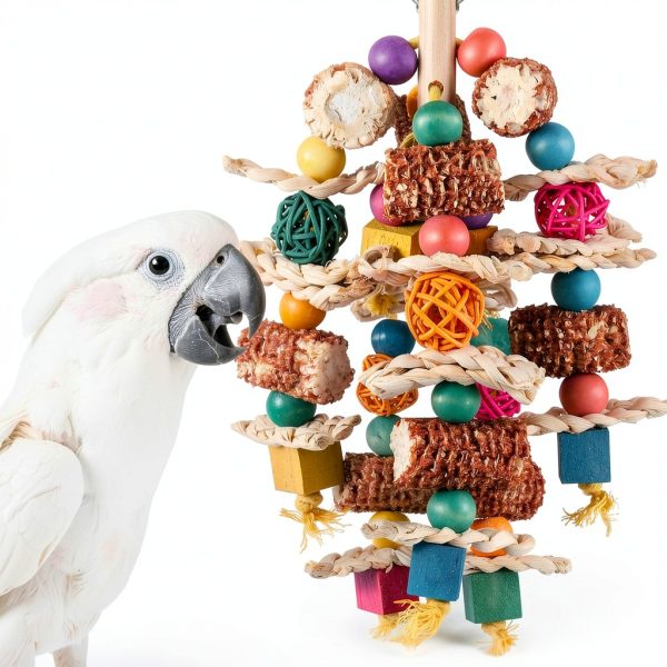 lovyoCoCo Parrot Toys Bird Toys Natural Corn Cob Bird chew Toys for Small and Medium-Sized Macaws,African Grey,Cockatoos,Amazon Parrots,Parakeet,Cockatiel,Sun Conure, Lovebird with Wooden Blocks-1